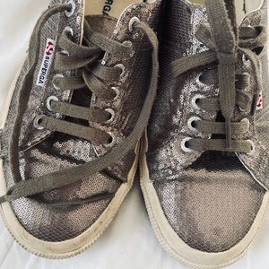 Superega Sequin Gun Metal Sneakers, Size 8